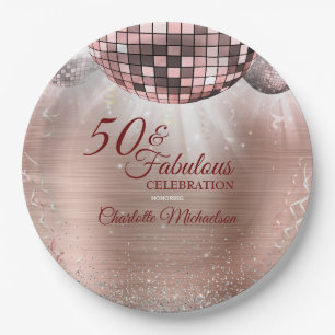 Trendy Rose Gold Glitter Glam 50 & Fabulous Disco Paper Plate