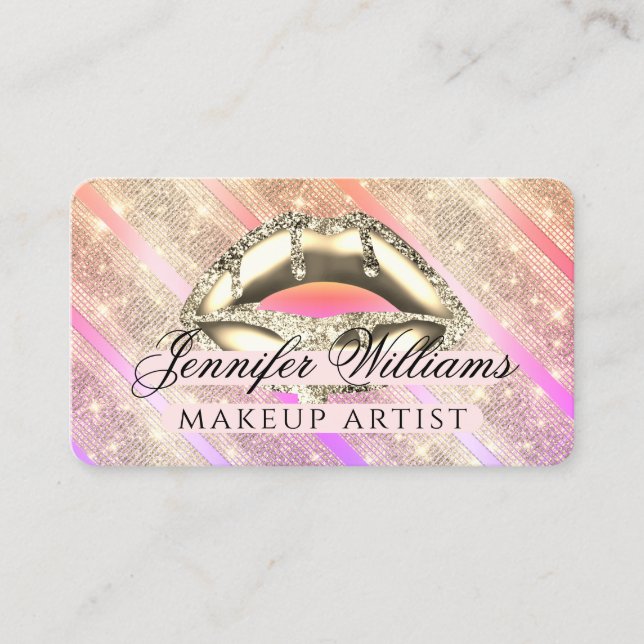 Trendy Rose Gold Glitter Gold Lips Makeup Artist Business Card (Front)