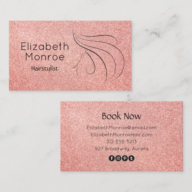 Trendy Rose Gold Glitter Hair Salon Business Card (Front/Back)