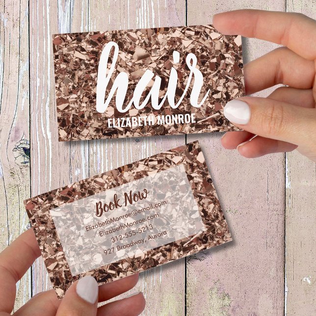 Trendy Rose Gold Glitter Hair Stylist Salon Business Card (Creator Uploaded)