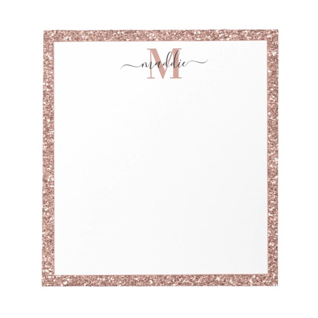 Trendy Rose Gold Glitter Initial/Name Monogram Notepad (Front)