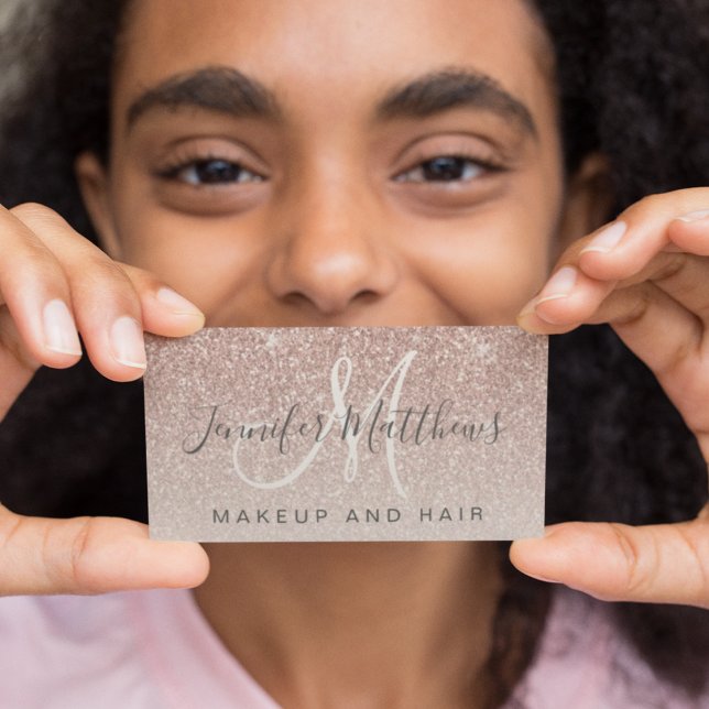 Trendy Rose Gold Glitter Makeup Artist Hair Salon Business Card (Girly Rose Gold Glitter Monogram Makeup and Hair Business Card. Stand out above the competition. )