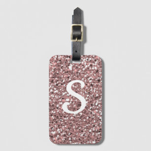 Trendy Rose Gold Glitter Monogram Initial Luggage Tag