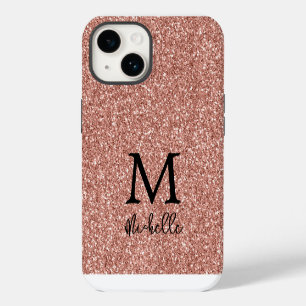 Trendy Rose Gold Glitter Monogram Initial Name iPhone 14 Case