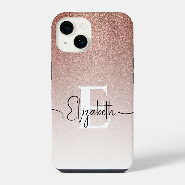 Trendy Rose Gold Glitter Monogram Script Name iPhone Case (Back)