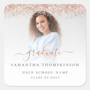 Trendy Rose Gold Glitter Photo 2024 Graduation Square Sticker