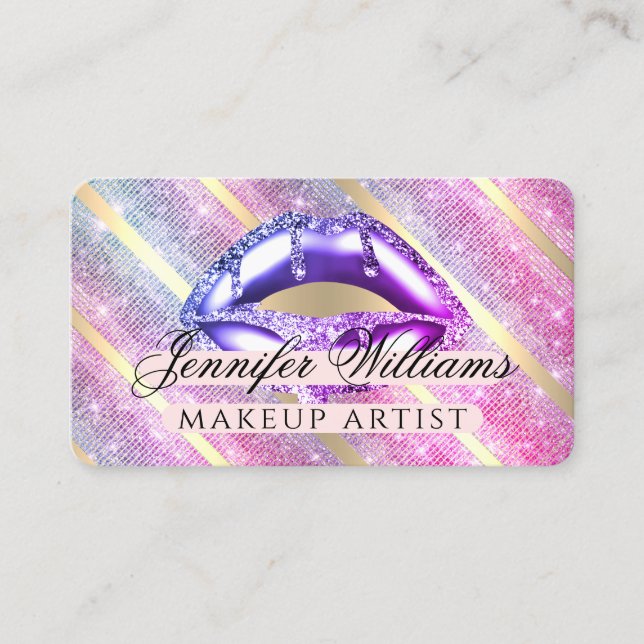 Trendy Rose Gold Glitter Purple Lips Makeup Artist Business Card (Front)
