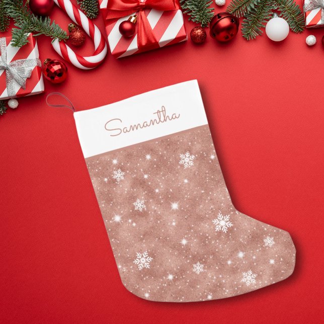 Trendy Rose Gold Glitter Snowflakes Stars Pattern Small Christmas Stocking (Creator Uploaded)