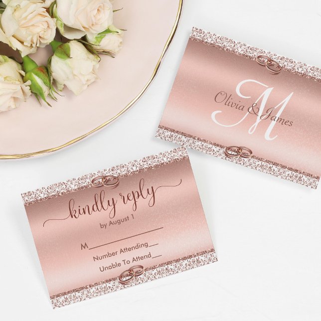Trendy Rose Gold Glitter Wedding RSVP Card (Creator Uploaded)