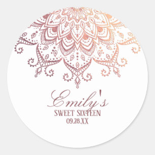 Trendy Rose Gold Mandala Sweet 16 Classic Round Sticker