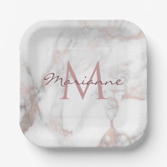 Trendy Rose Gold Marble Monogrammed Template Paper Plate (Front)