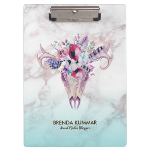 Trendy Rose-gold Marble Ombre & Boho Skull Clipboard