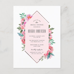 Trendy Rose Gold Pink Floral Bridal Shower Invitation Postcard