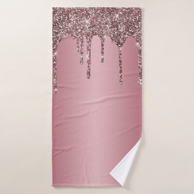 Trendy Rose Gold Pink Glitter Drips Sparkle Bath Towel Set (Bath Towel)