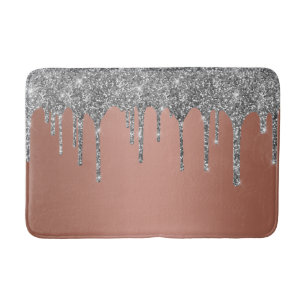 Trendy Rose Gold Silver Glitter Drips Sparkle Bath Mat
