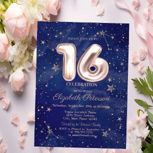 Trendy Rose Gold Stars Navy Blue  Sweet 16 Invitation