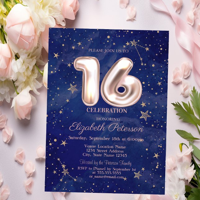 Trendy Rose Gold Stars Navy Blue  Sweet 16 Invitation (Creator Uploaded)