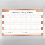 Trendy Rose Gold Stripes Weekly Planner Calendar Magnetic Dry Erase Sheet<br><div class="desc">Trendy Rose Gold Foil Stripes with white, personalised Text, name, or business information. Elegant chic and stylish. Simple minimal design - Photography Studio, Hair Salon, Shop Boutique, etc Personal or Business Custom Weekly personal or business to-do planner calendar! ~ Check my shop to see the entire Office suite for this...</div>