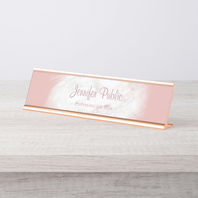 Trendy Rose Gold White Marble Elegant Template Desk Name Plate (Front)