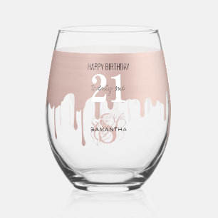 Trendy Rose Pink Gold Metallic Drips 21st Birthday Stemless Wine Glass