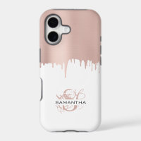 Trendy Rose Pink Gold Metallic Drips Monogram
