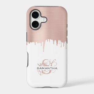 Trendy Rose Pink Gold Metallic Drips Monogram
