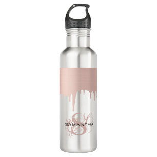 Trendy Rose Pink Gold Metallic Drips Monogram  710 Ml Water Bottle