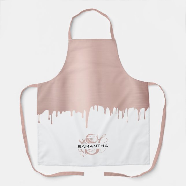 Trendy Rose Pink Gold Metallic Drips Monogram  Apron (Front)