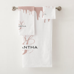 Trendy Rose Pink Gold Metallic Drips Monogram Bath Towel Set