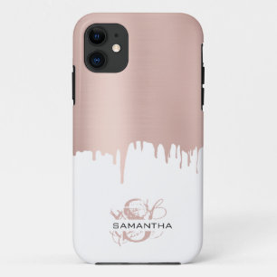 Trendy Rose Pink Gold Metallic Drips Monogram iPhone 11 Case