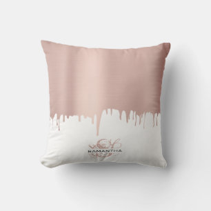 Trendy Rose Pink Gold Metallic Drips Monogram Cushion