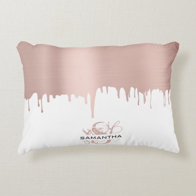 Trendy Rose Pink Gold Metallic Drips Monogram Decorative Cushion (Front)