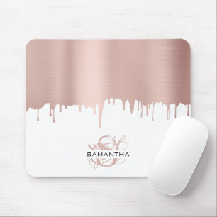 Trendy Rose Pink Gold Metallic Drips Monogram Mouse Pad