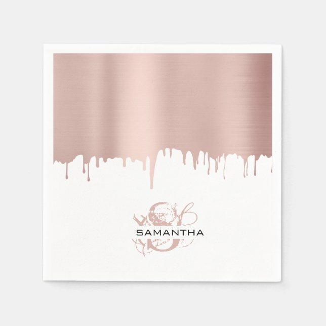 Trendy Rose Pink Gold Metallic Drips Monogram  Napkin (Front)