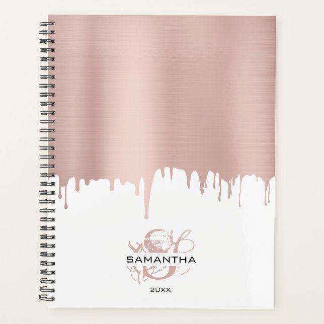 Trendy Rose Pink Gold Metallic Drips Monogram Planner (Front)