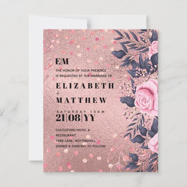 Trendy ROSEGOLD Wedding Metallic Pink Navy Glitter (Front)