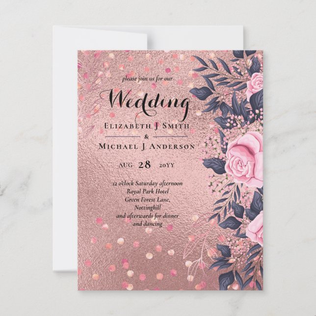Trendy ROSEGOLD Wedding Metallic Pink Navy Glitter (Front)
