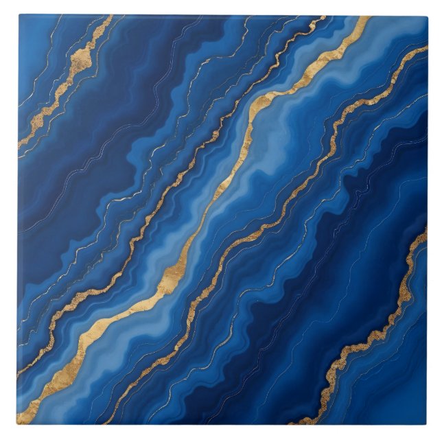 Trendy Royal Blue Gold Marble Collection Ceramic Tile (Front)