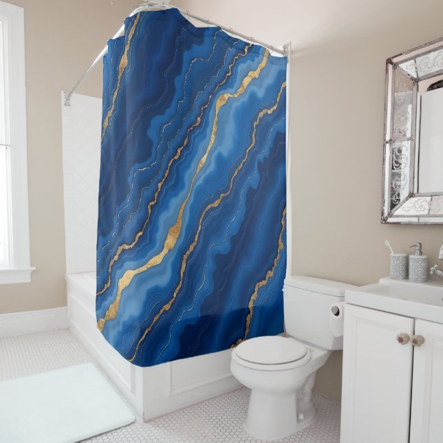 Trendy Royal Blue Gold Marble Collection Shower Curtain (In Situ)