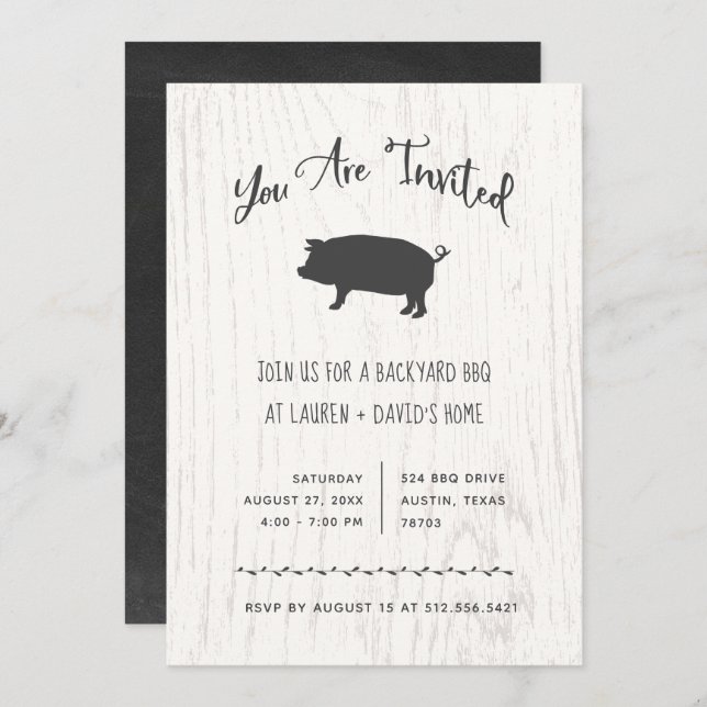 Trendy Rustic BBQ or Party | White Wood Invitation (Front/Back)