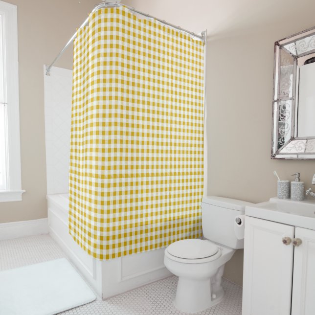 Trendy Rustic Mustard Yellow Gingham Checks Shower Curtain (In Situ)