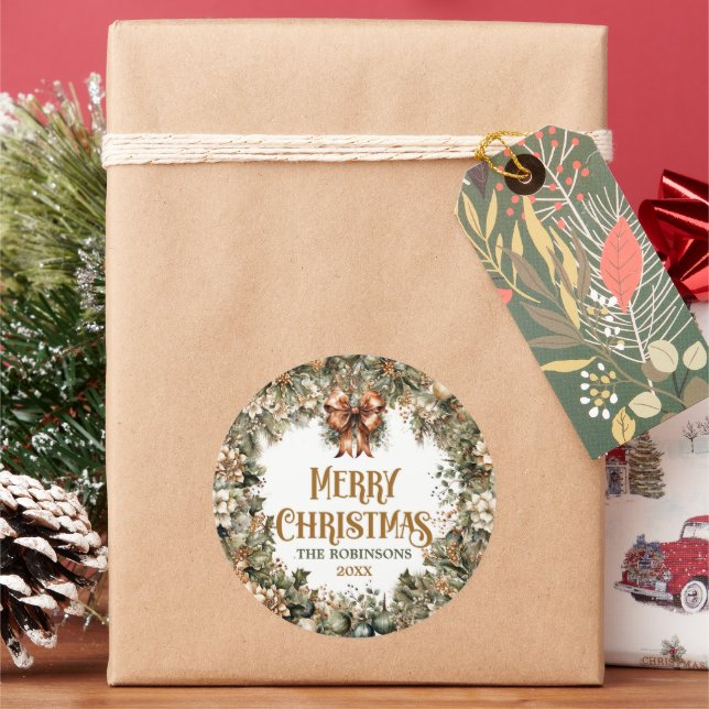 Trendy sage green and faux gold terracotta classic round sticker (Holiday)