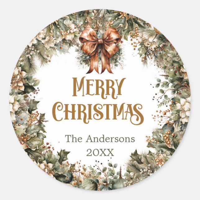 Trendy sage green and faux gold white poinsettia classic round sticker (Front)