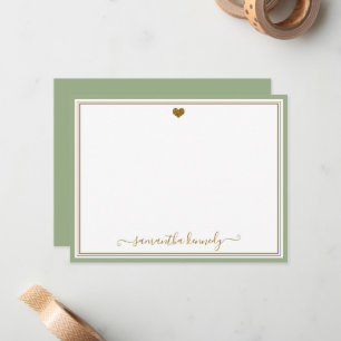 Trendy Sage Green And Gold Heart Custom Name Card