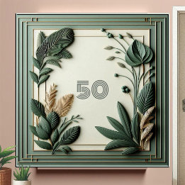 Trendy Sage Green Art Deco Leaves Botanical Number Ceramic Tile