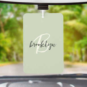 Trendy Sage Green Black White Script Monogram  Car Air Freshener