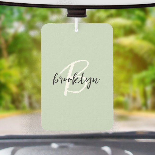 Trendy Sage Green Black White Script Monogram  Car Air Freshener (Creator Uploaded)