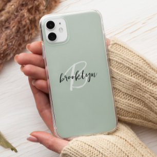 Trendy Sage Green Black White Script Monogram  iPhone 11 Pro Case