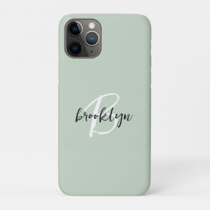 Trendy Sage Green Black White Script Monogram iPhone 11 Pro Case