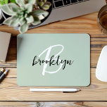 Trendy Sage Green Black White Script Monogram  Mouse Pad<br><div class="desc">This elegant personalised mouse pad features a monogram and first name in modern black and white script on a trendy sage green background.</div>